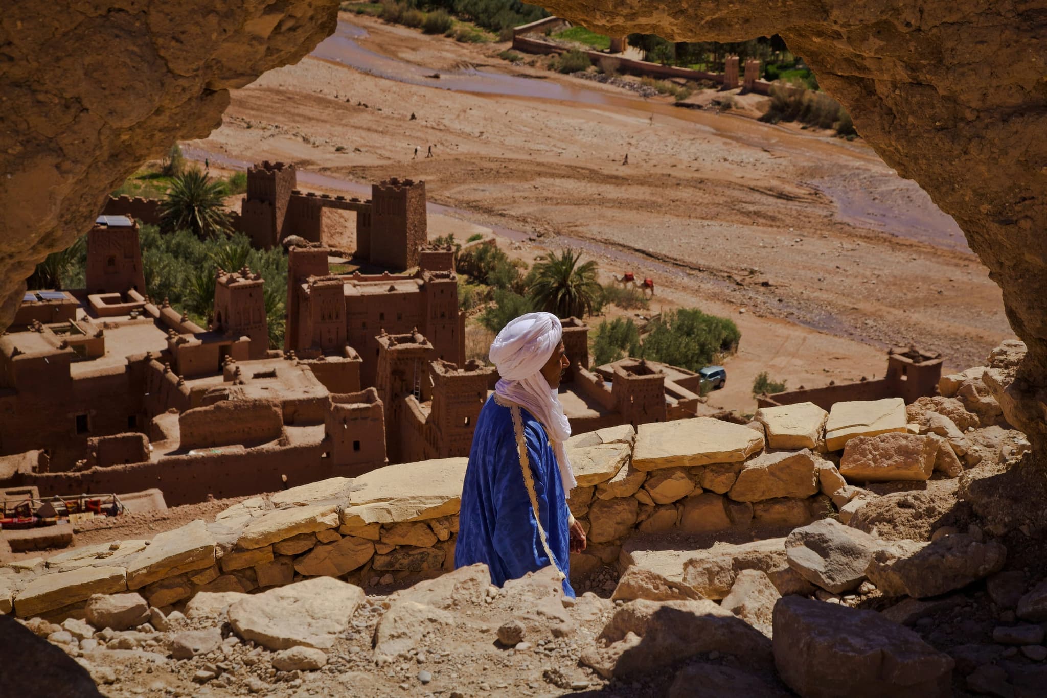 Aerial view of the fortified mud-brick ksar of Ait Ben Haddou in southern Morocco